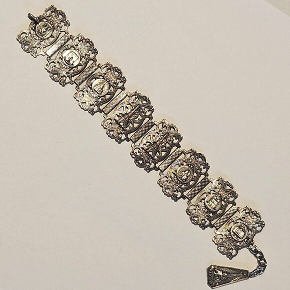 Antique French Paris Sterling Silver Eiffel Tower Tourist Panel Bracelet 7"-8" - Picture 1 of 6
